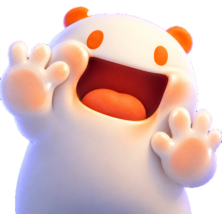 Gobbo, a small round white creature with orange ears, waving both paws with his mouth wide open
